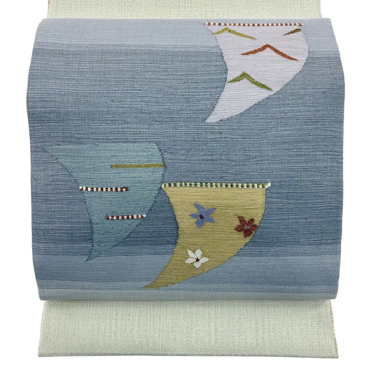 【美品】 袋帶 秀品級 夏帶 幾何學 花 灰色 大鼓圖案 純蠶絲