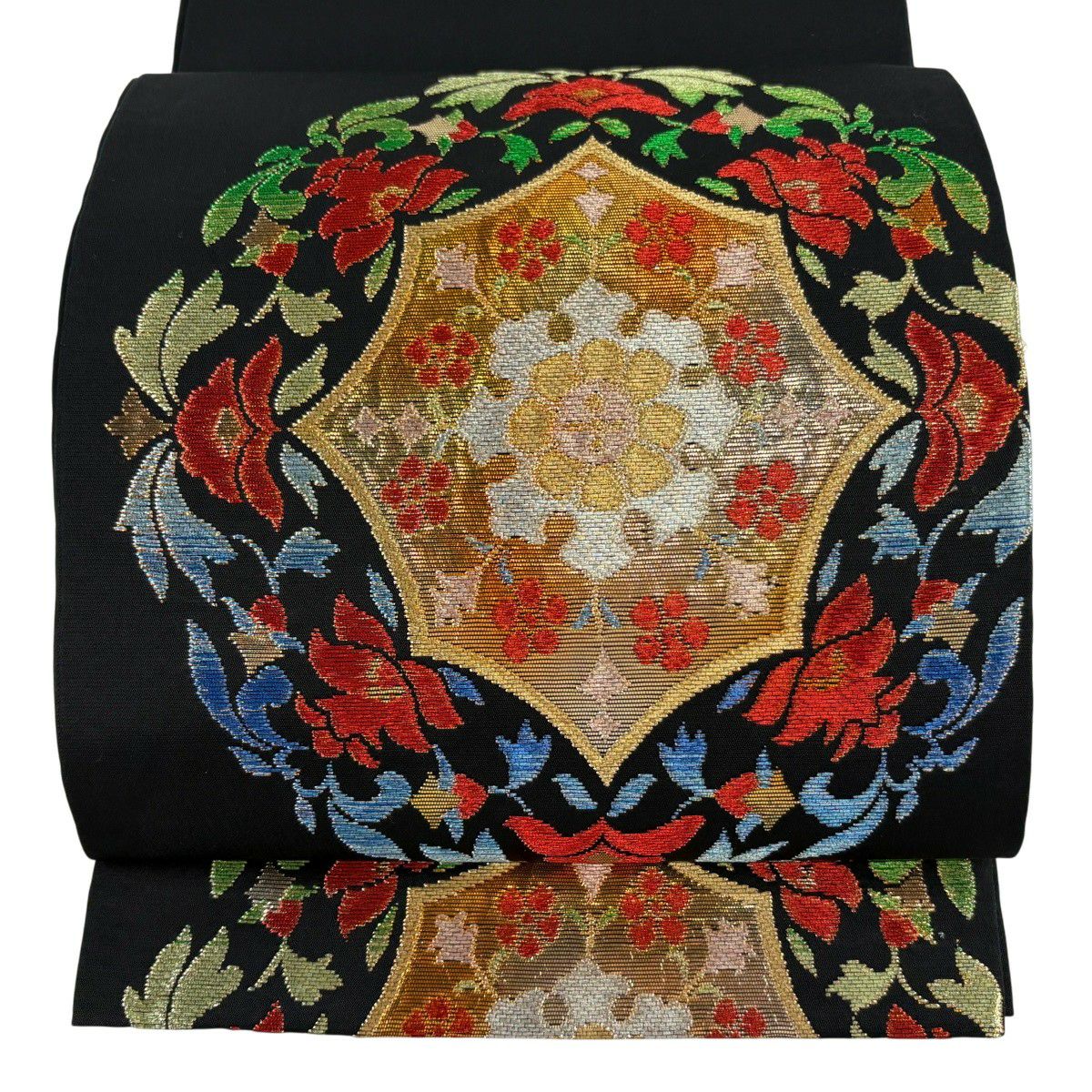 袋帶 秀品級 華紋 草花紋紋 金糸 金金箔 黑色 お太鼓柄 純蠶絲