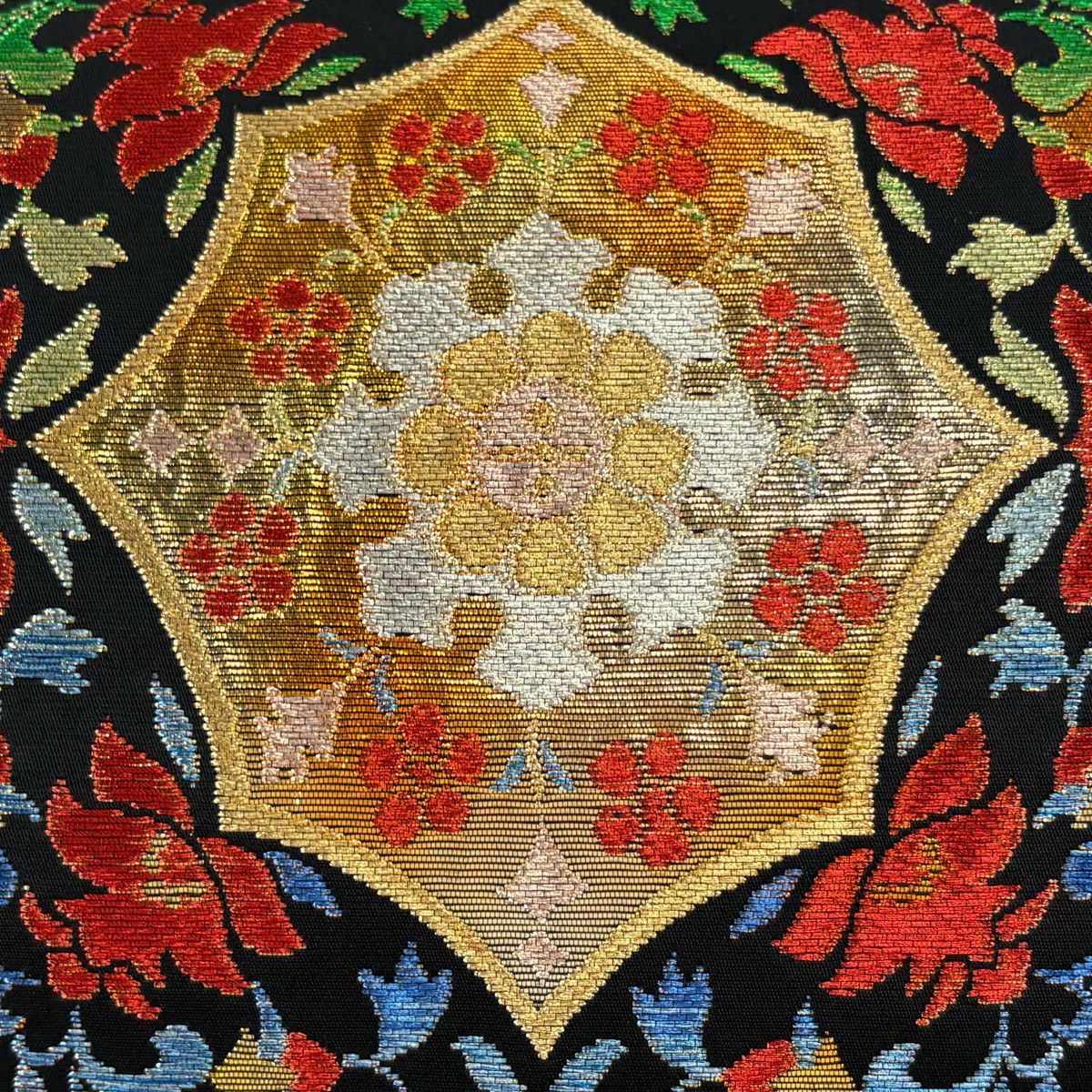 袋帶 秀品級 華紋 草花紋紋 金糸 金金箔 黑色 お太鼓柄 純蠶絲