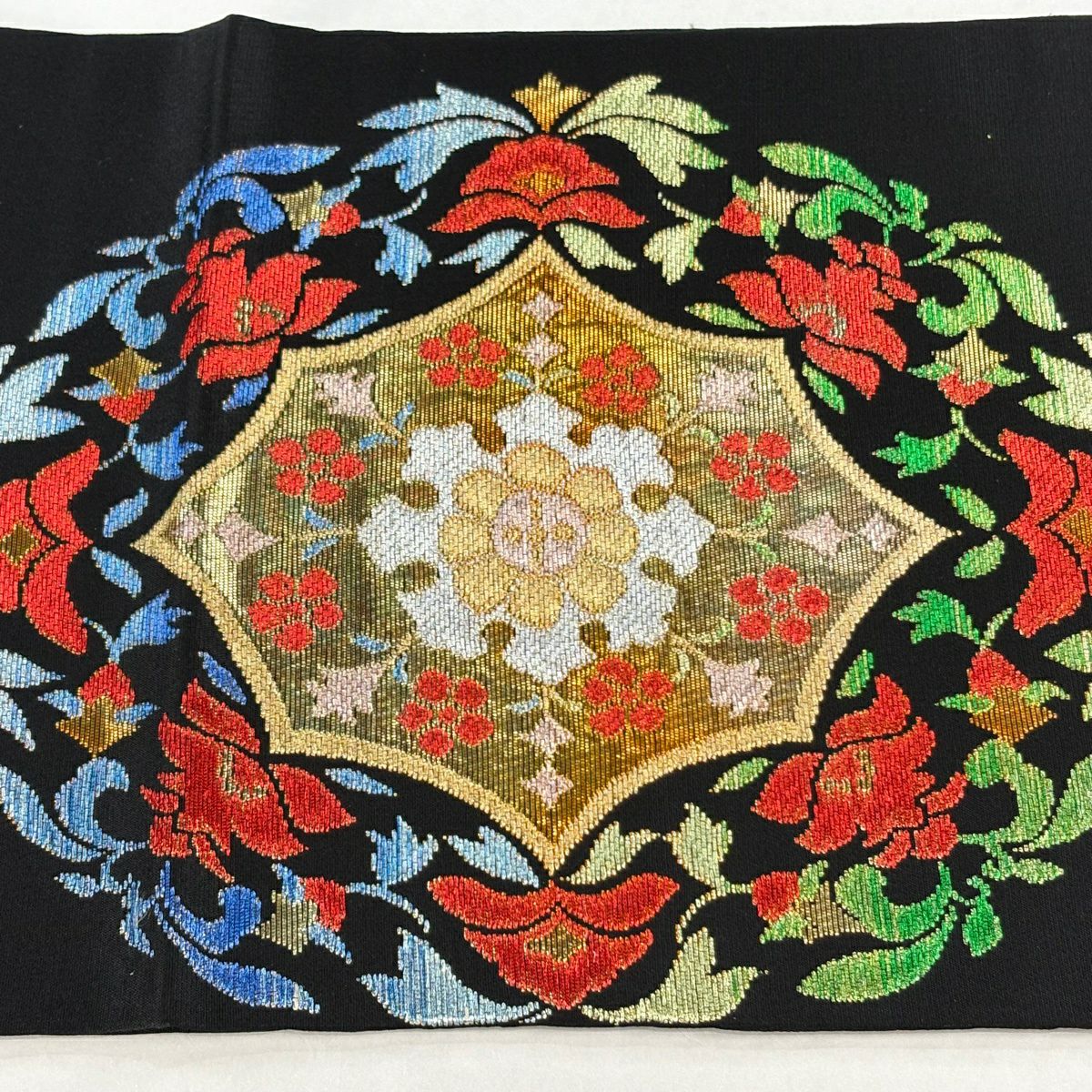 袋帶 秀品級 華紋 草花紋紋 金糸 金金箔 黑色 お太鼓柄 純蠶絲