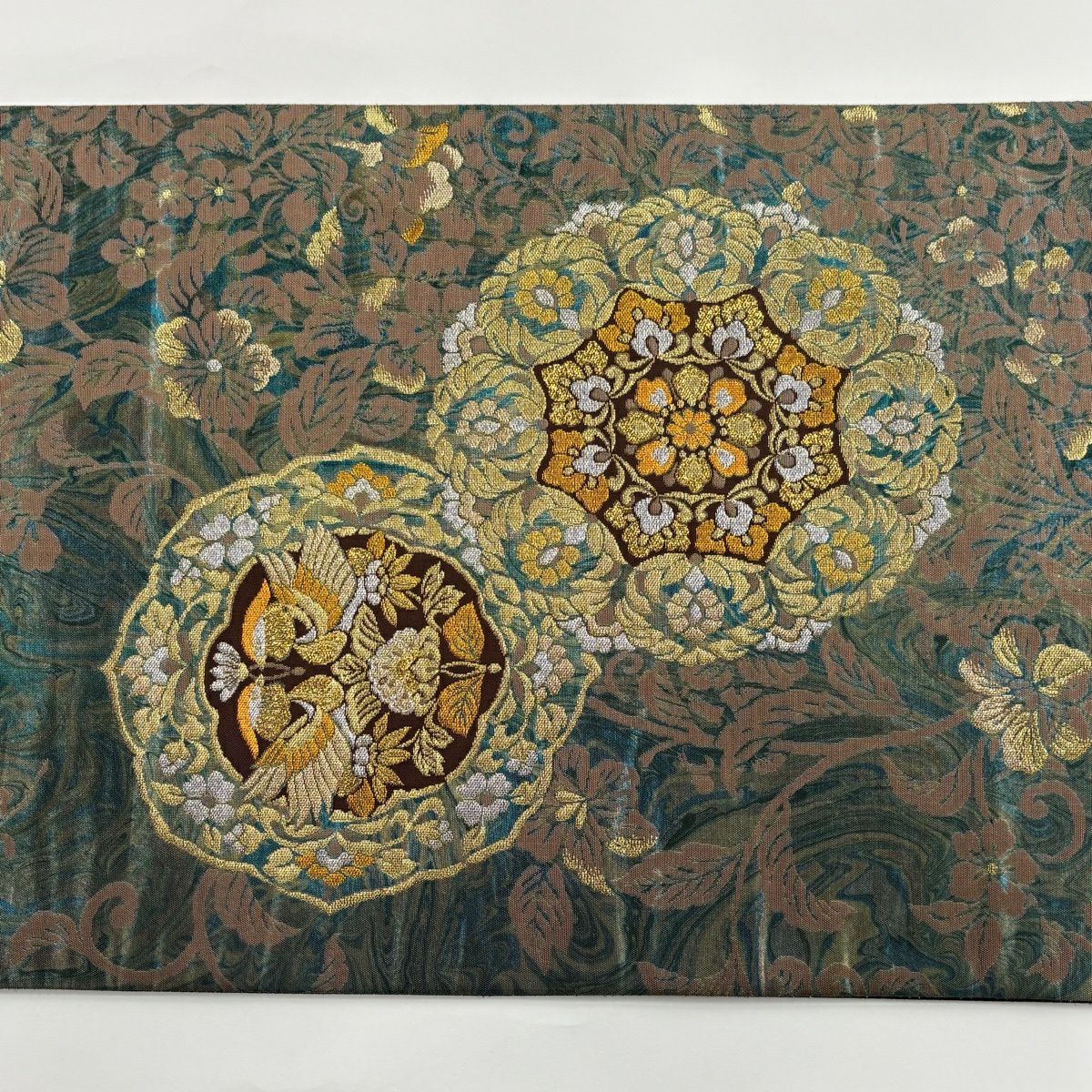 袋帶 秀品級 華紋 向鳥 金銀絲 金金箔 灰綠 六通 純蠶絲
