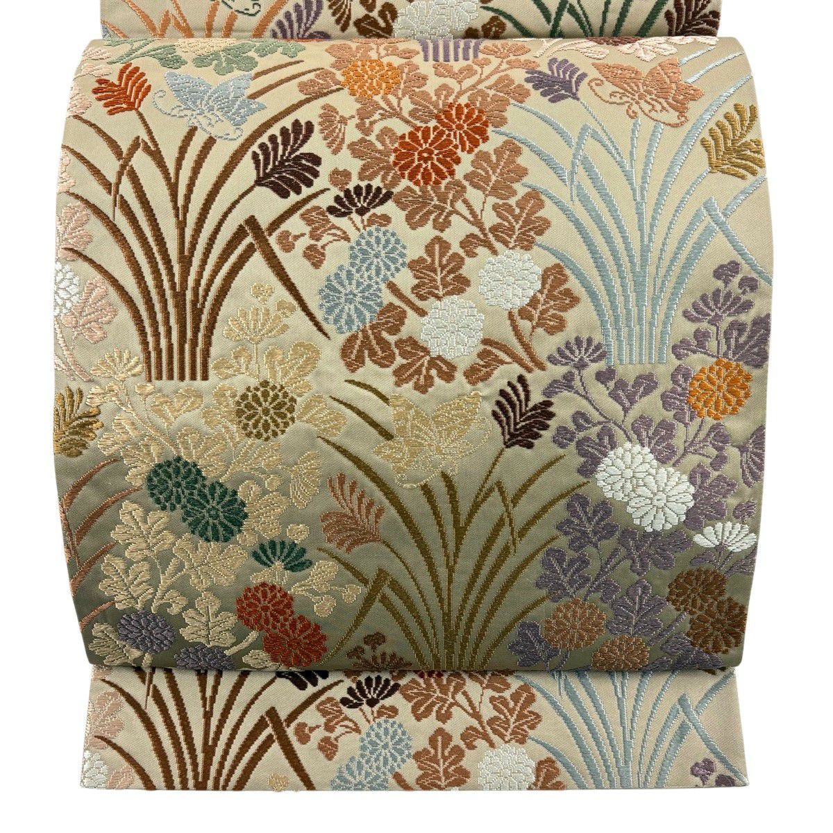 【美品】 袋帶 秀品級 草花紋紋 蝶刺繡 灰茶 六通 純蠶絲