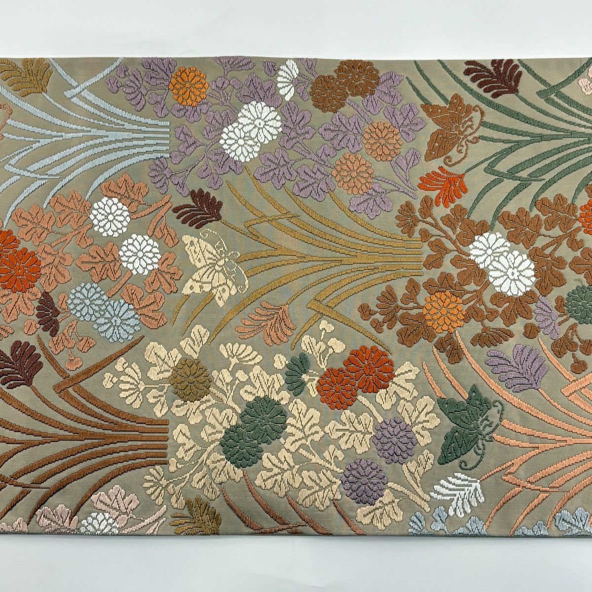 【美品】 袋帶 秀品級 草花紋紋 蝶刺繡 灰茶 六通 純蠶絲