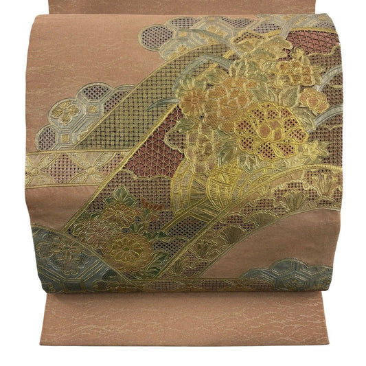 袋帶 秀品級 花車 雲文 刺繡 金彩裝飾 紅茶 お太鼓柄 純蠶絲