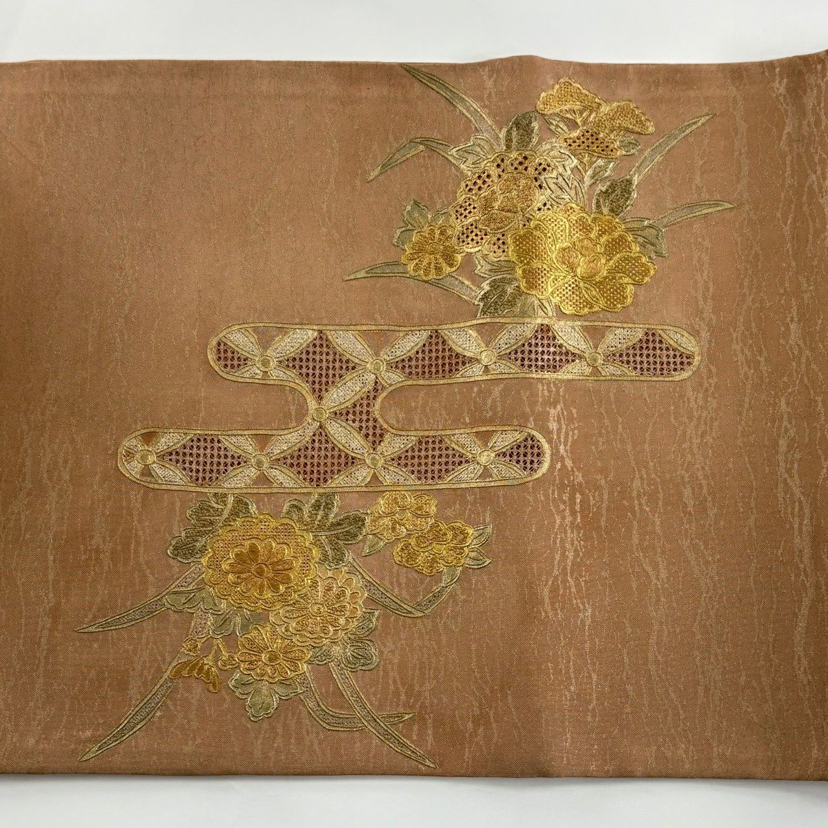 袋帶 秀品級 花車 雲文 刺繡 金彩裝飾 紅茶 お太鼓柄 純蠶絲