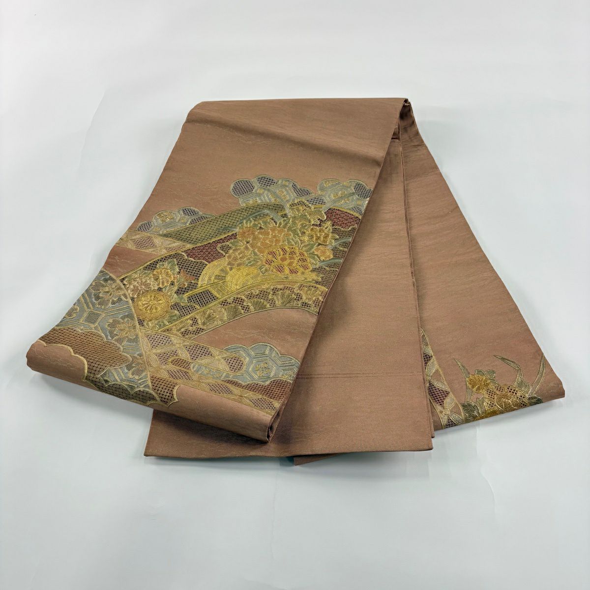 袋帶 秀品級 花車 雲文 刺繡 金彩裝飾 紅茶 お太鼓柄 純蠶絲