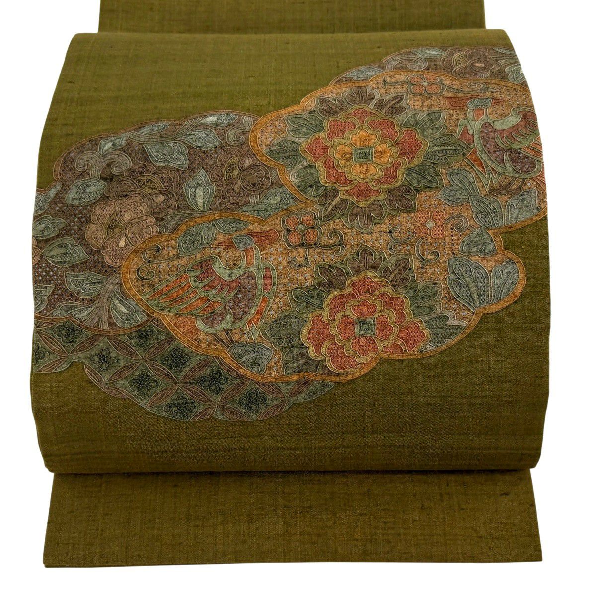 【美品】 袋帶 秀品級 紬織織 華紋 花鳥 刺繡 茶綠 金銀彩 正蠶絲