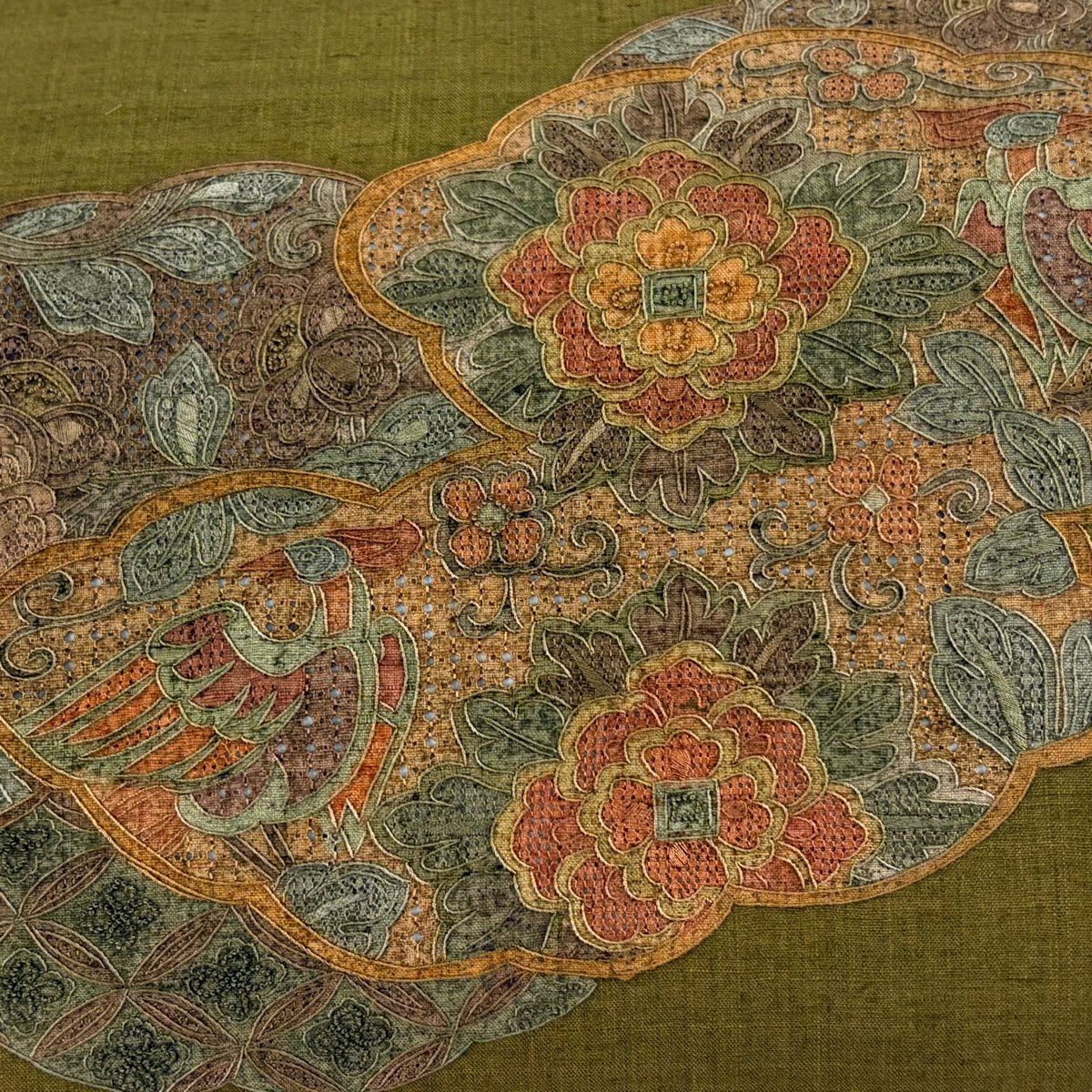【美品】 袋帶 秀品級 紬織織 華紋 花鳥 刺繡 茶綠 金銀彩 正蠶絲