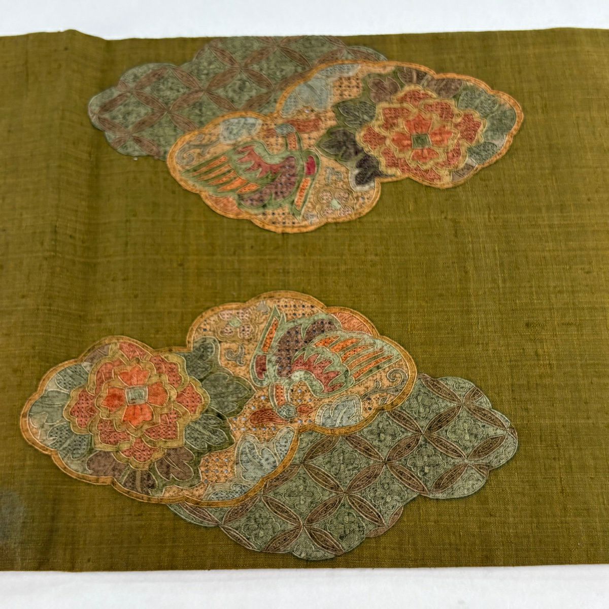 【美品】 袋帶 秀品級 紬織織 華紋 花鳥 刺繡 茶綠 金銀彩 正蠶絲