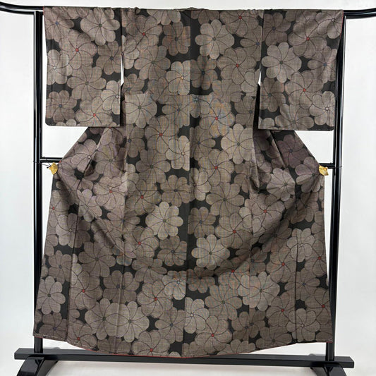 【美品】 紬織 身長158cm 袖長65.5cm M 雙層 花 絣紋 墨 純蠶絲 秀品級