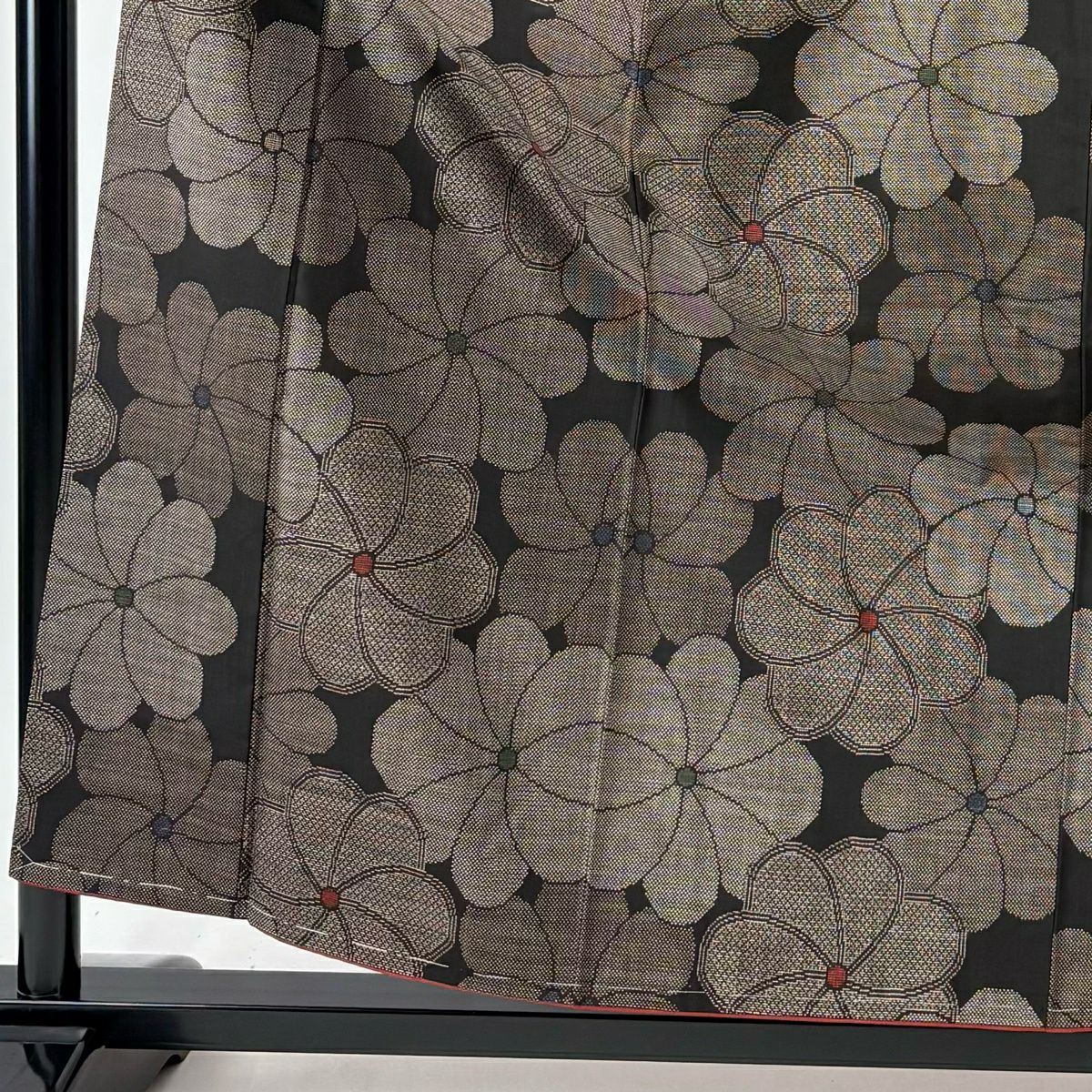 【美品】 紬織 身長158cm 袖長65.5cm M 雙層 花 絣紋 墨 純蠶絲 秀品級