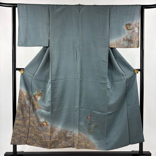付下 身長152cm 袖長63cm S 雙層 雪輪 草花紋 金糸 刺繡 灰綠 純蠶絲 秀品級