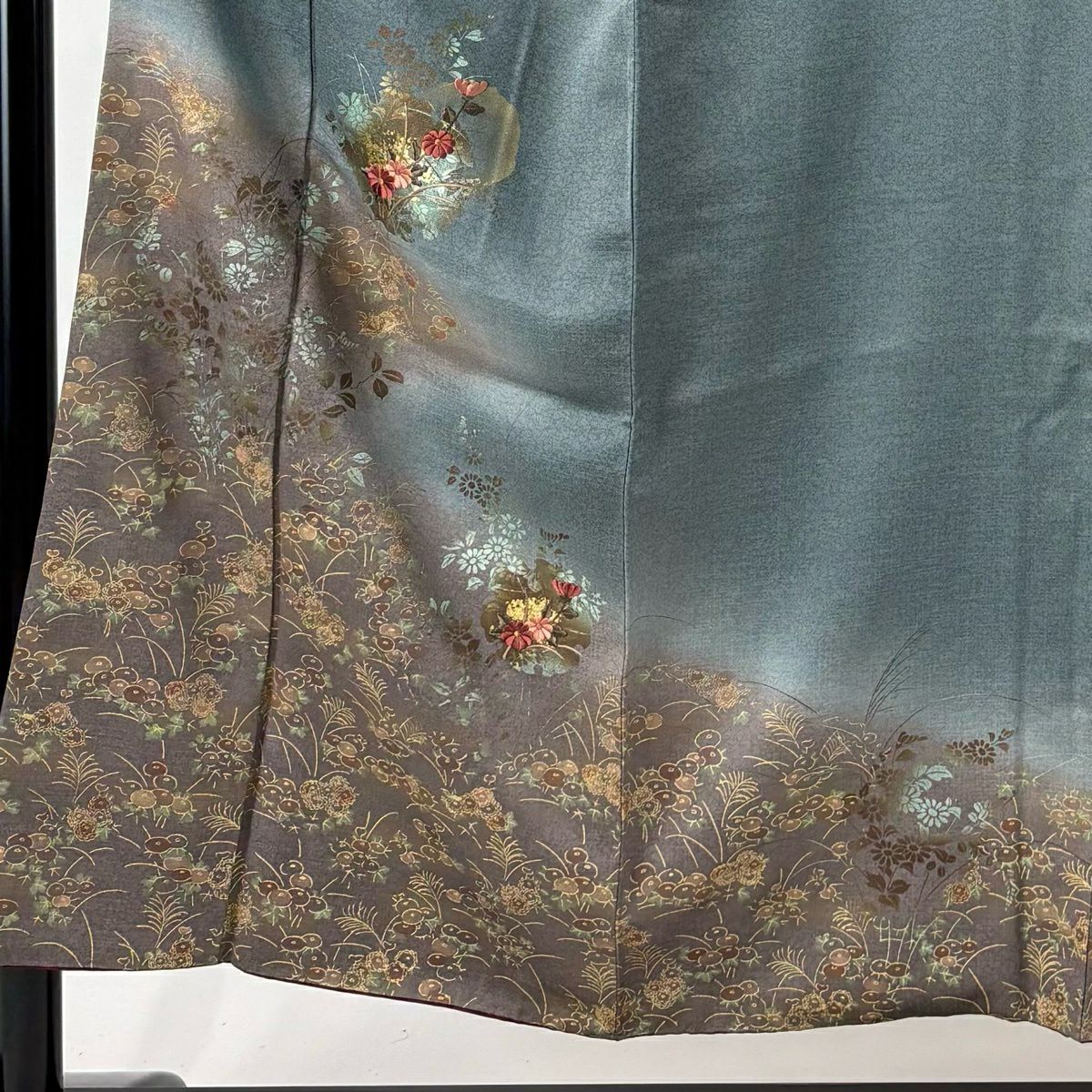 付下 身長152cm 袖長63cm S 雙層 雪輪 草花紋 金糸 刺繡 灰綠 純蠶絲 秀品級