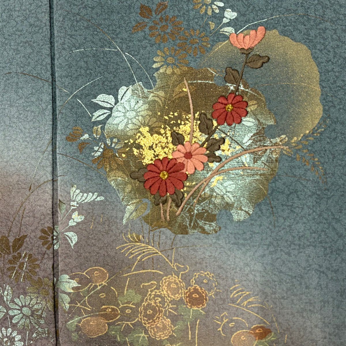 付下 身長152cm 袖長63cm S 雙層 雪輪 草花紋 金糸 刺繡 灰綠 純蠶絲 秀品級