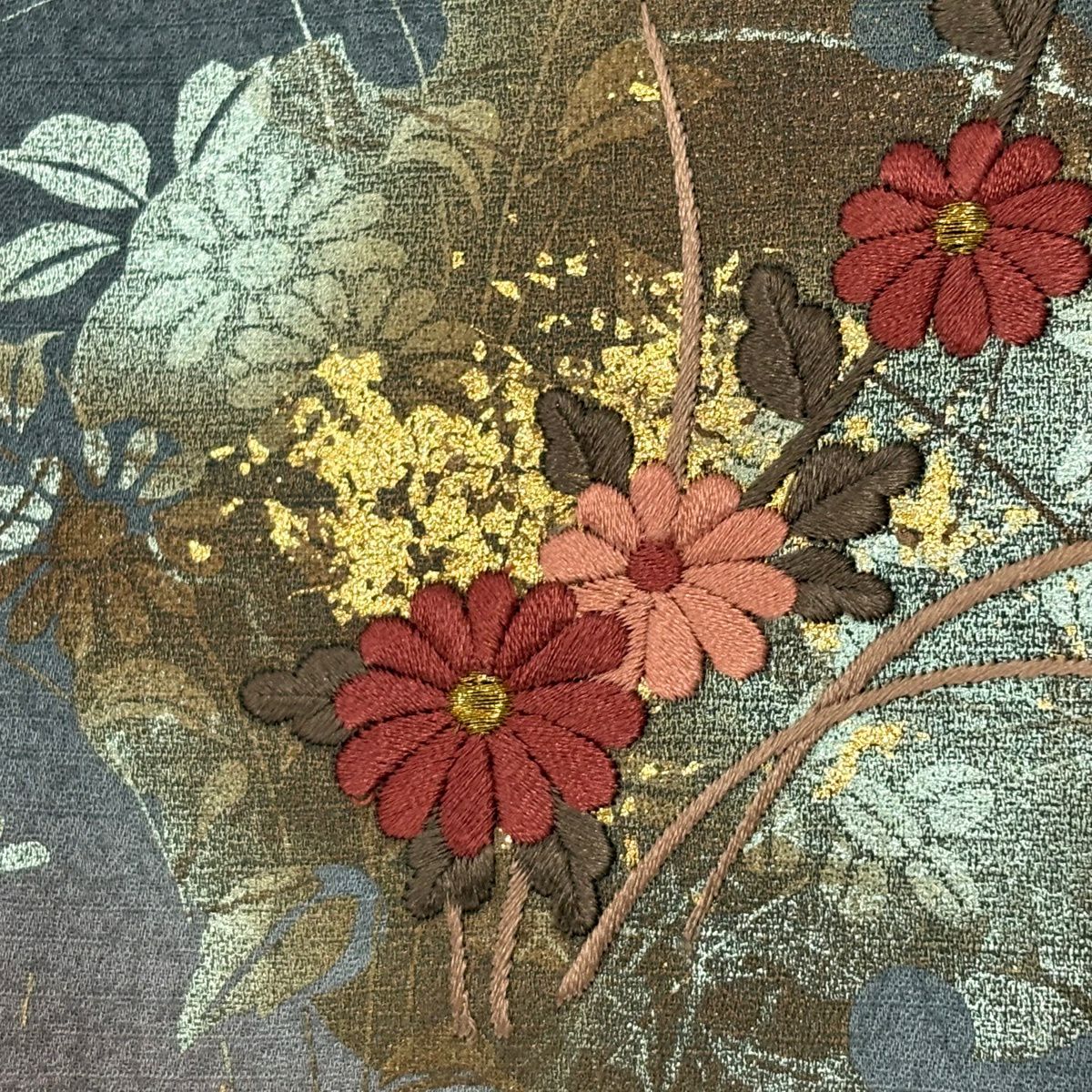 付下 身長152cm 袖長63cm S 雙層 雪輪 草花紋 金糸 刺繡 灰綠 純蠶絲 秀品級