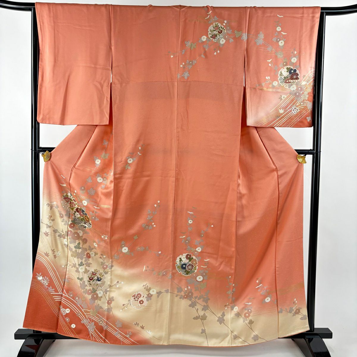 訪問服 身長161.5cm 袖長65.5cm M 雙層 雪輪 菊花 金絲 金銀彩 鮭粉色 純蠶絲 秀品級