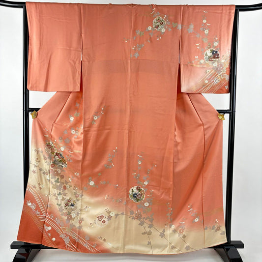 訪問服 身長161.5cm 袖長65.5cm M 雙層 雪輪 菊花 金絲 金銀彩 鮭粉色 純蠶絲 秀品級