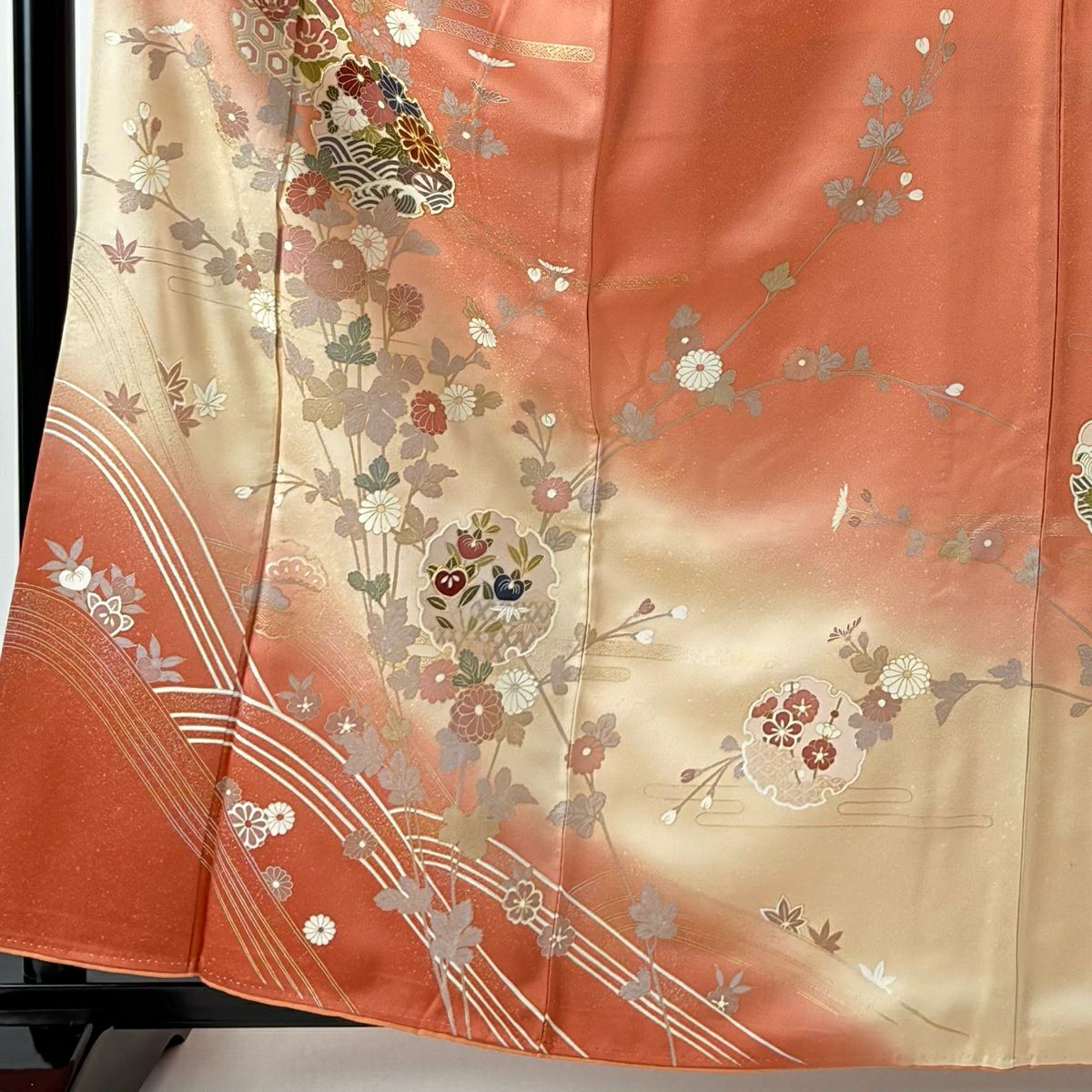 訪問服 身長161.5cm 袖長65.5cm M 雙層 雪輪 菊花 金絲 金銀彩 鮭粉色 純蠶絲 秀品級