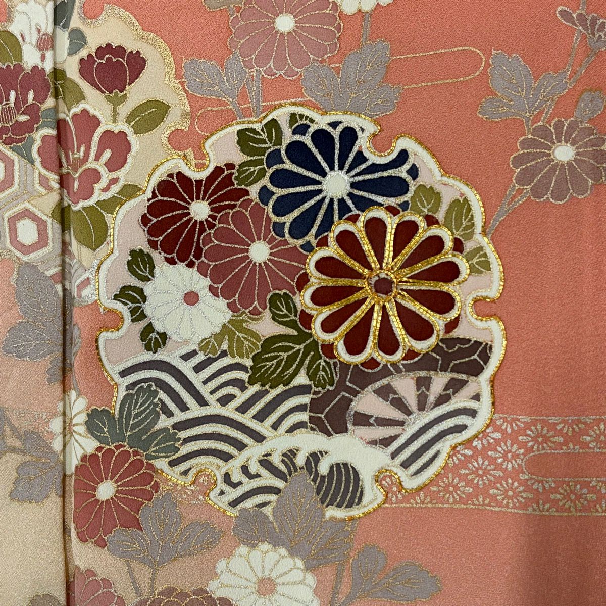訪問服 身長161.5cm 袖長65.5cm M 雙層 雪輪 菊花 金絲 金銀彩 鮭粉色 純蠶絲 秀品級