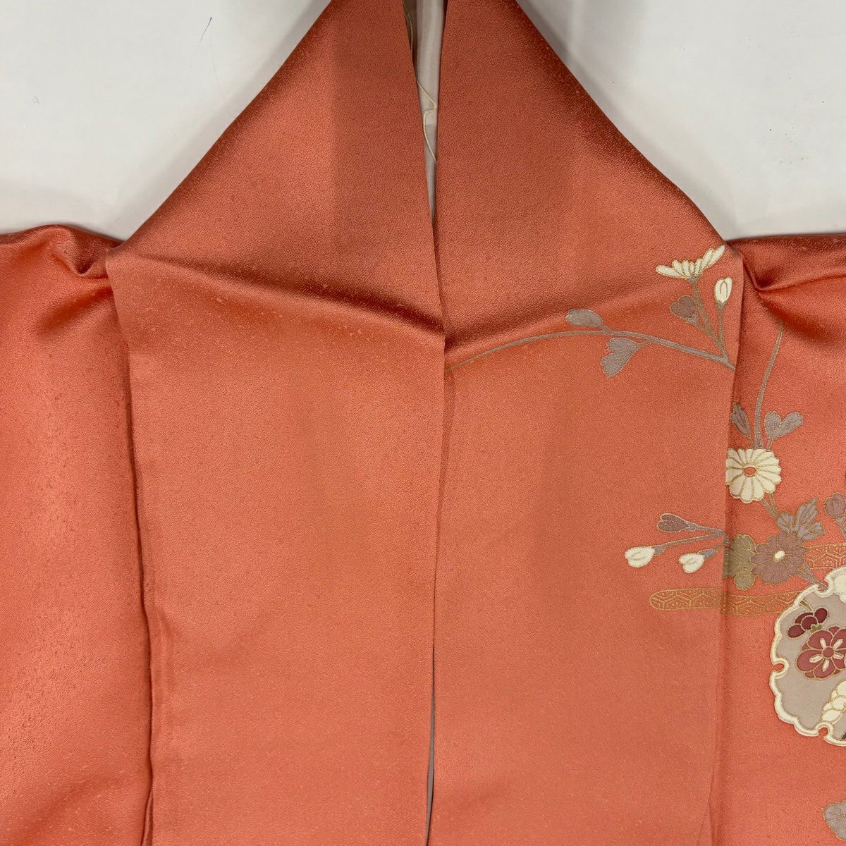 訪問服 身長161.5cm 袖長65.5cm M 雙層 雪輪 菊花 金絲 金銀彩 鮭粉色 純蠶絲 秀品級