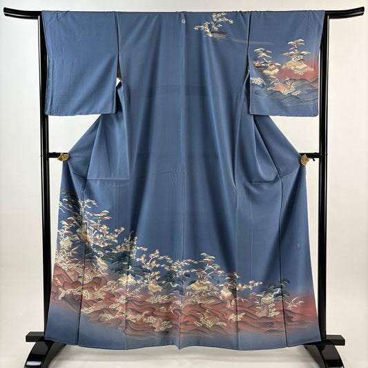 訪問服 身長161.5cm 袖長66cm M 雙層 落款 松樹 波 漸層 染分 青 純蠶絲 秀品級 一つ紋