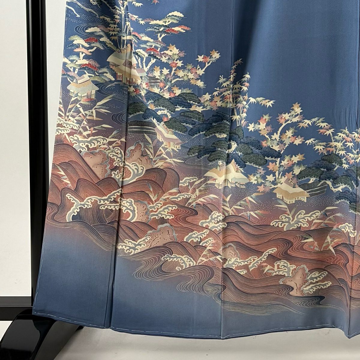 訪問服 身長161.5cm 袖長66cm M 雙層 落款 松樹 波 漸層 染分 青 純蠶絲 秀品級 一つ紋