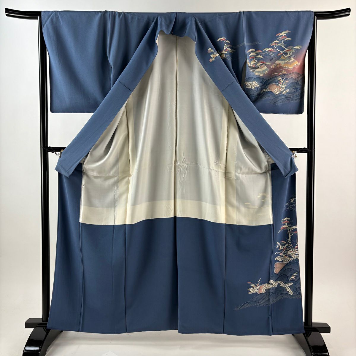 訪問服 身長161.5cm 袖長66cm M 雙層 落款 松樹 波 漸層 染分 青 純蠶絲 秀品級 一つ紋