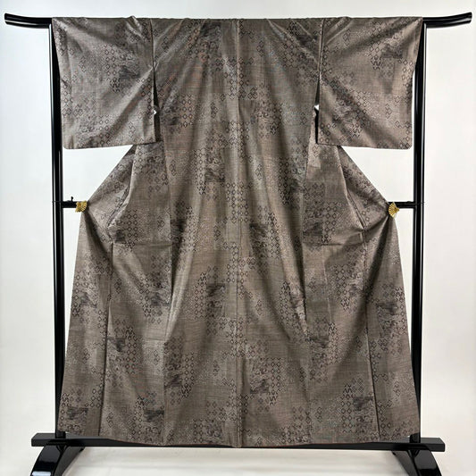 【美品】 紬織 身長159cm 袖長66cm M 雙層 草花紋紋 霞 焦茶 純蠶絲 秀品級
