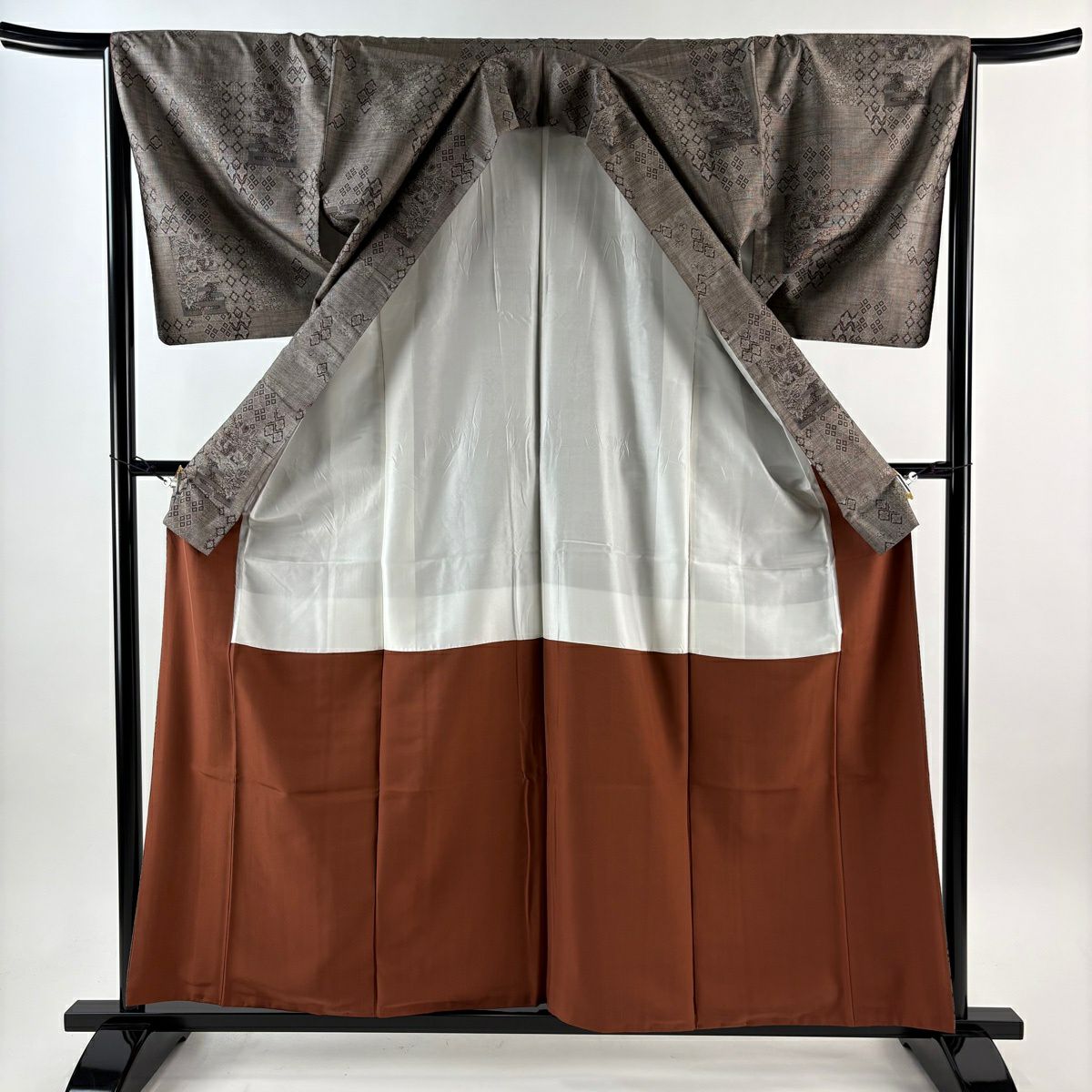 【美品】 紬織 身長159cm 袖長66cm M 雙層 草花紋紋 霞 焦茶 純蠶絲 秀品級