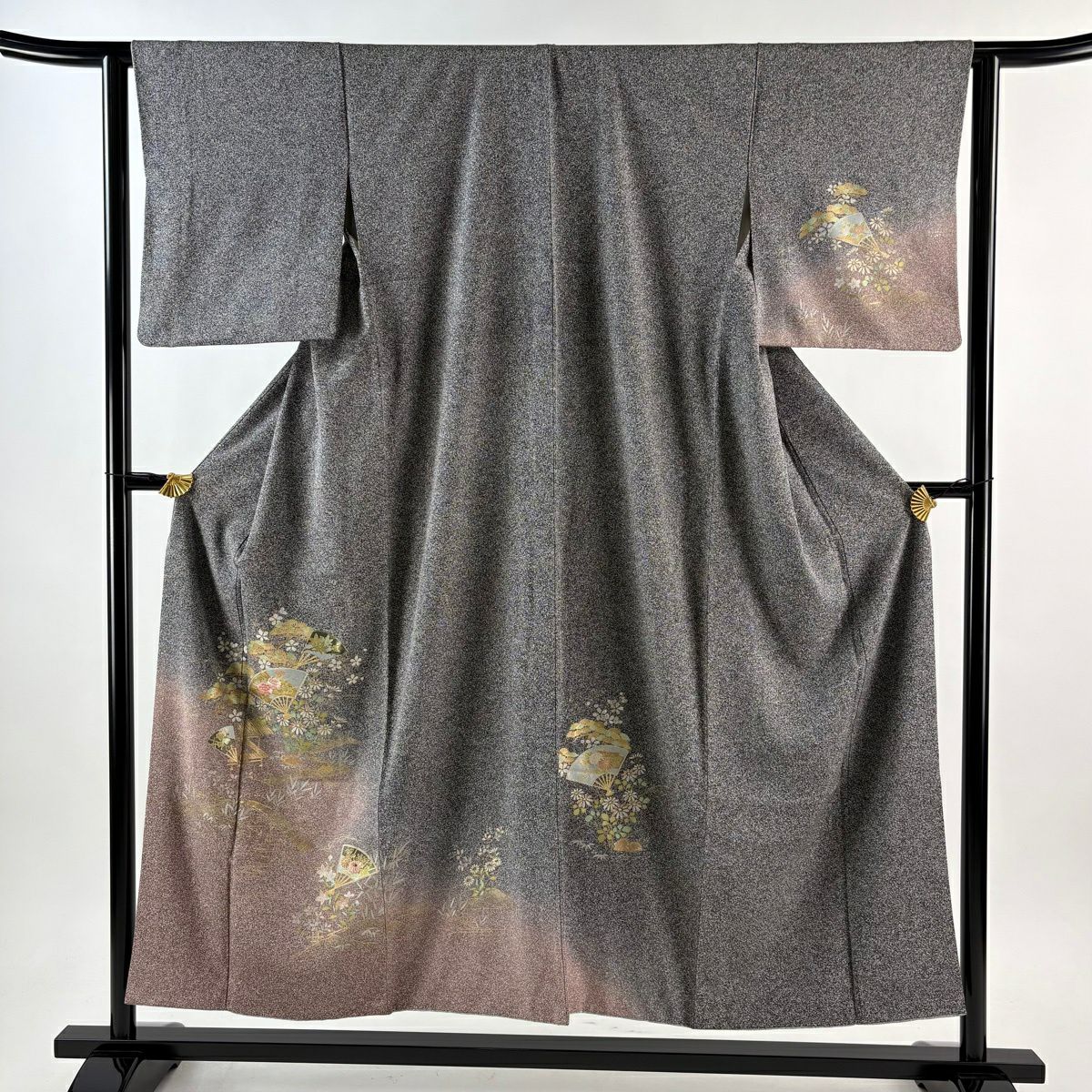 付下 身長152.5cm 袖長62.5cm S 雙層 扇子 草花紋紋 刺繡 金彩裝飾 黑灰 純蠶絲 秀品級