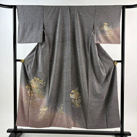 付下 身長152.5cm 袖長62.5cm S 雙層 扇子 草花紋紋 刺繡 金彩裝飾 黑灰 純蠶絲 秀品級
