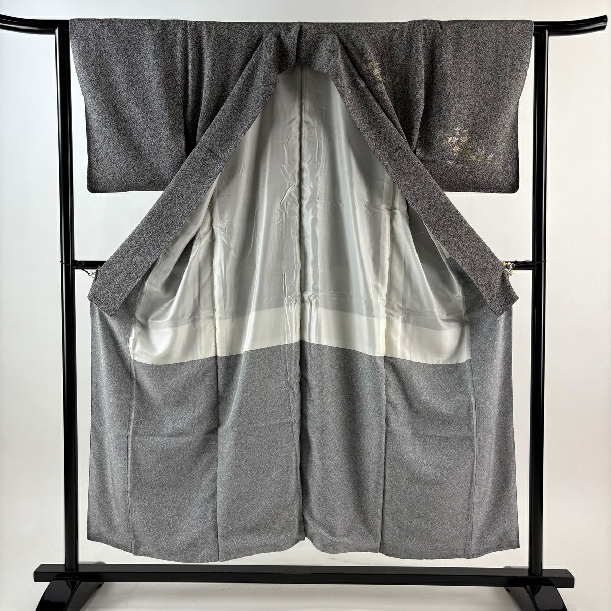 付下 身長152.5cm 袖長62.5cm S 雙層 扇子 草花紋紋 刺繡 金彩裝飾 黑灰 純蠶絲 秀品級