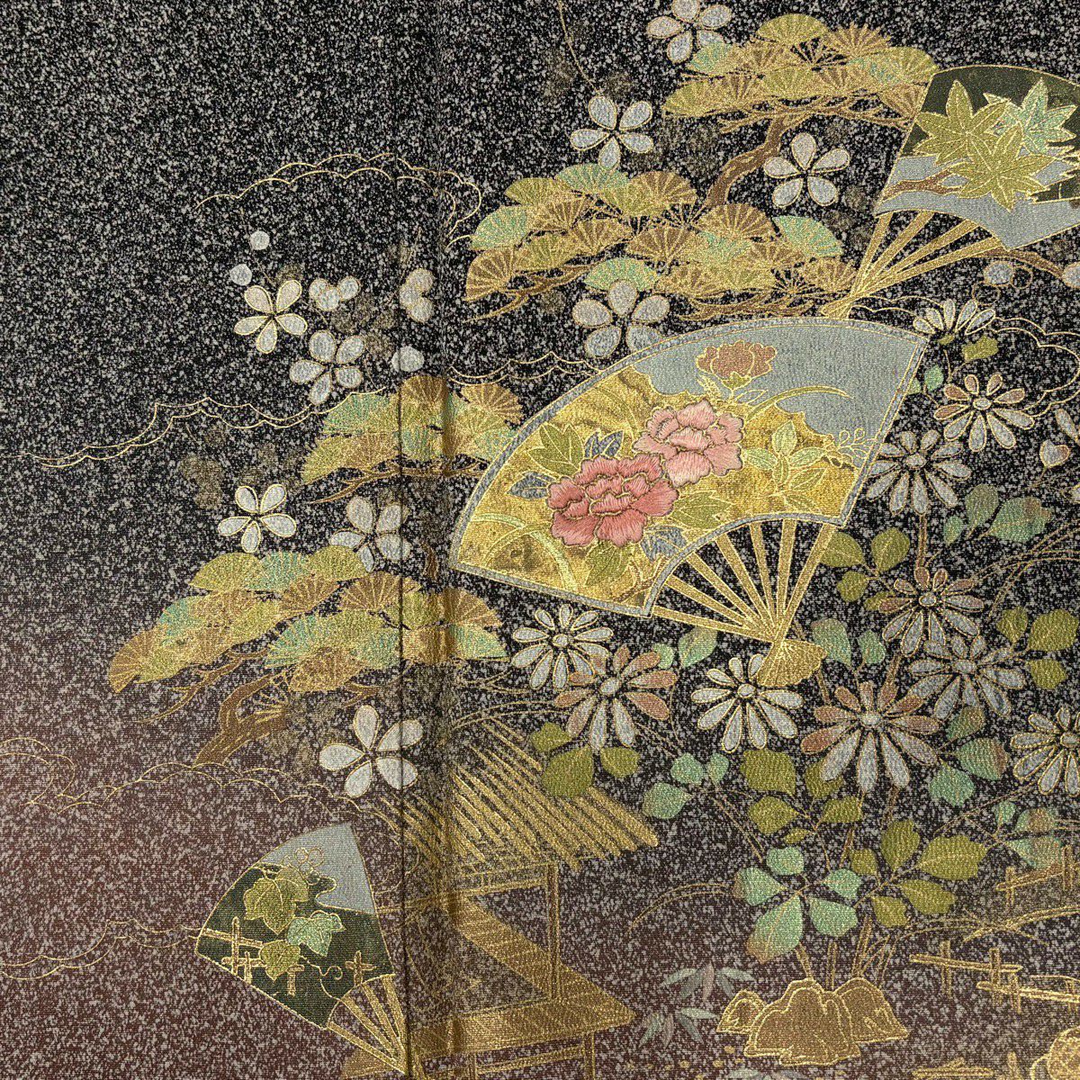 付下 身長152.5cm 袖長62.5cm S 雙層 扇子 草花紋紋 刺繡 金彩裝飾 黑灰 純蠶絲 秀品級