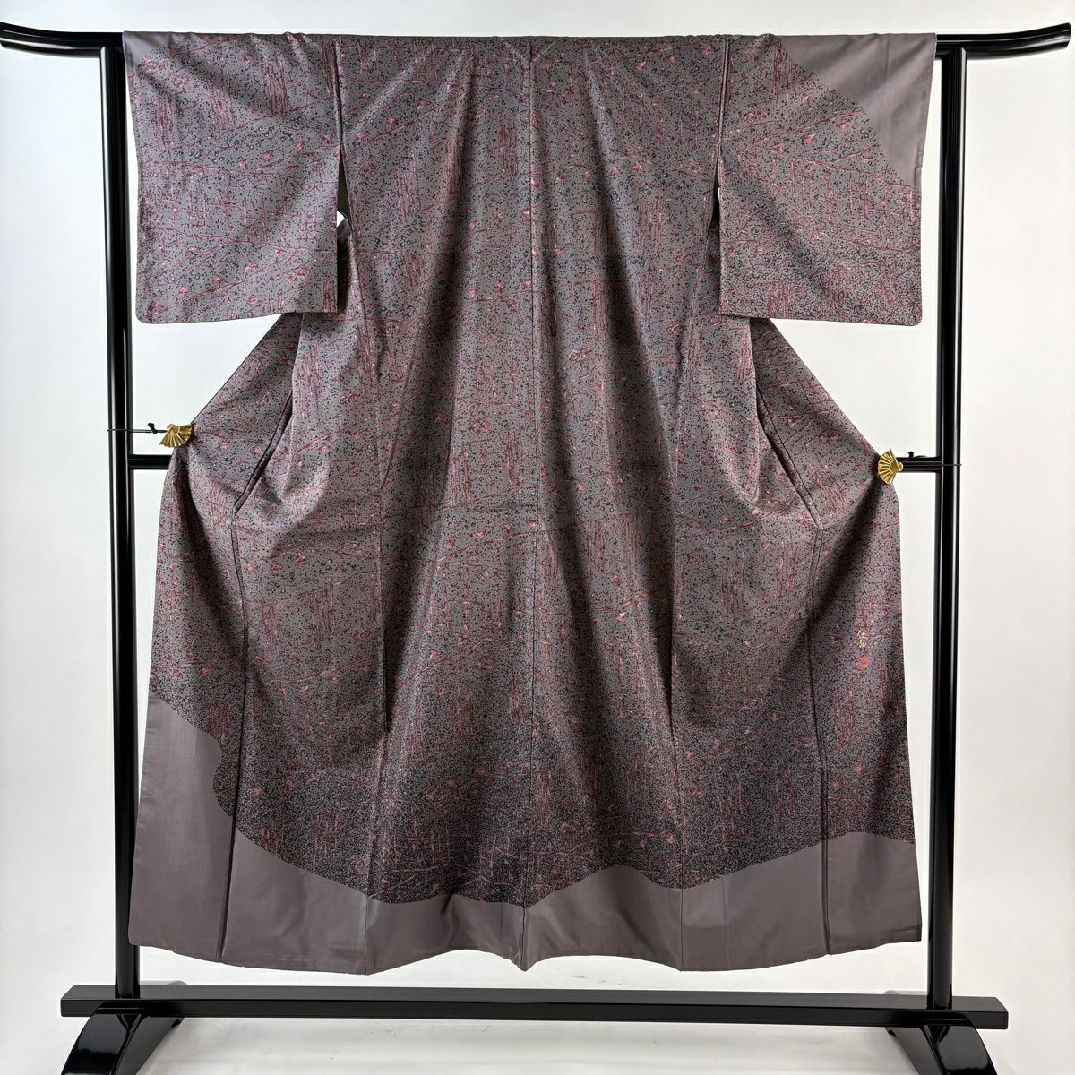 【美品】訪問服 身長152cm 袖長62cm S 雙層 紬織織 落款あり 幾何學 灰紫 純蠶絲 秀品級