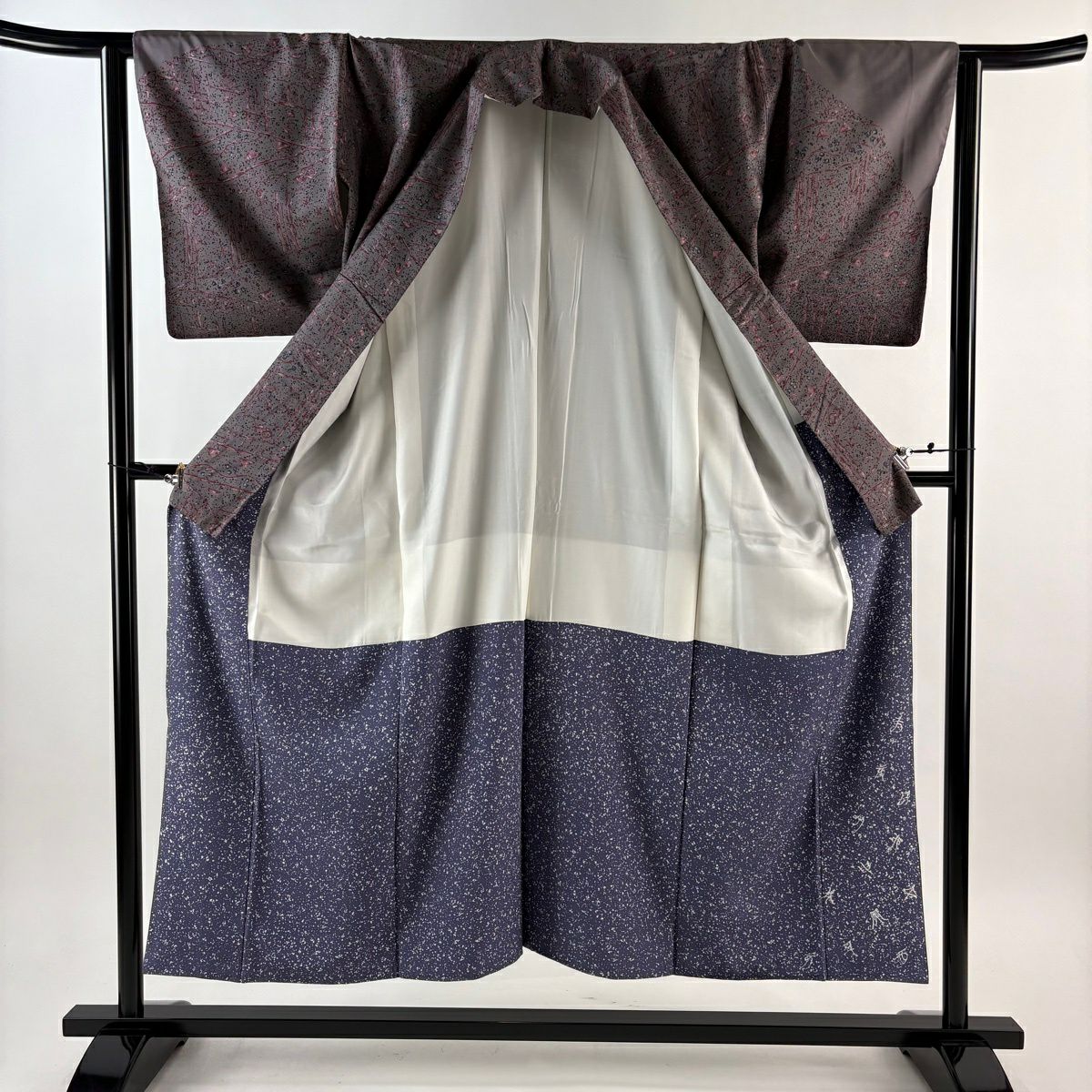 【美品】訪問服 身長152cm 袖長62cm S 雙層 紬織織 落款あり 幾何學 灰紫 純蠶絲 秀品級