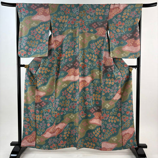 【美品】 小紋 身長162cm 袖長66.5cm M 雙層 草花紋紋 縮緬 絞染 青綠 純蠶絲 秀品級