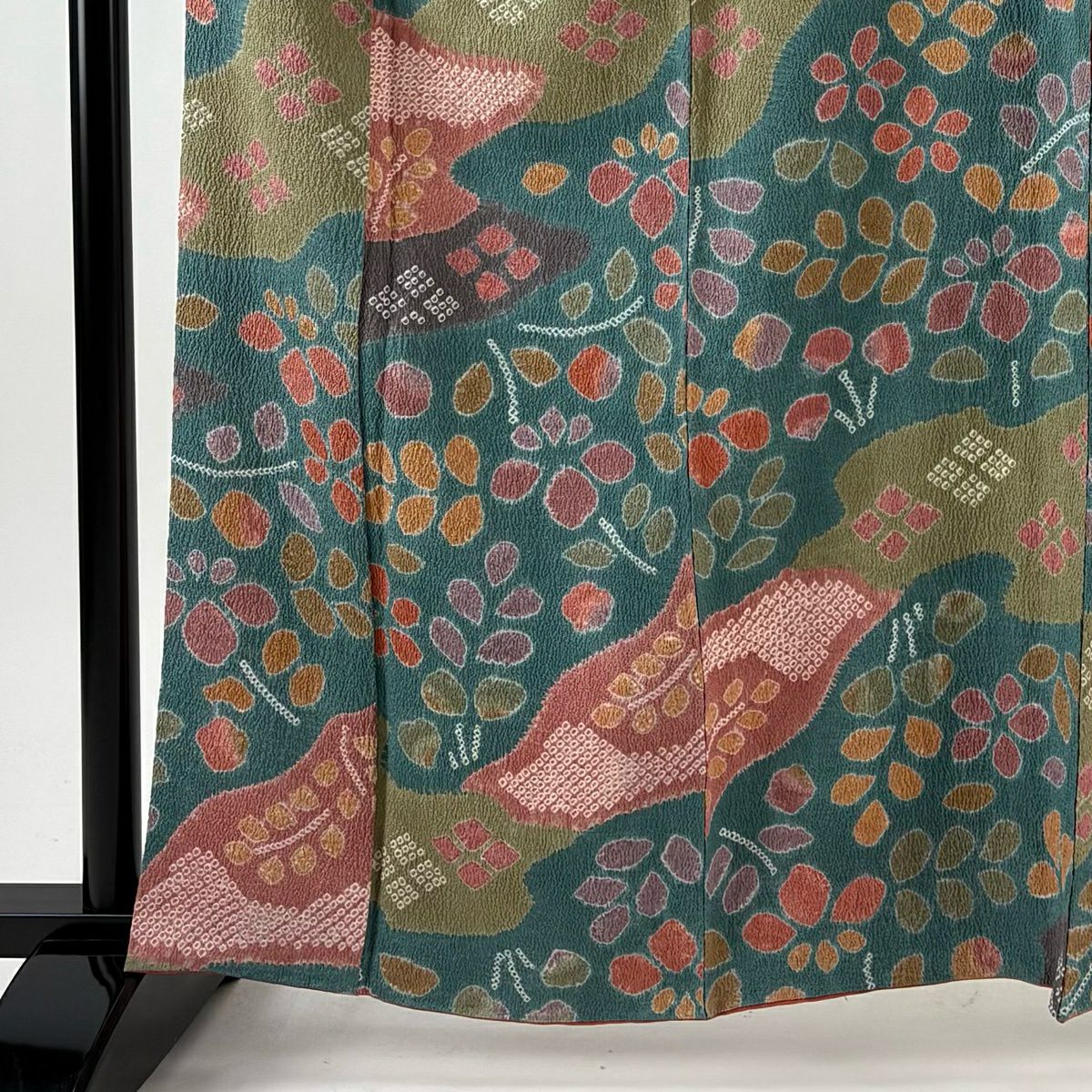【美品】 小紋 身長162cm 袖長66.5cm M 雙層 草花紋紋 縮緬 絞染 青綠 純蠶絲 秀品級