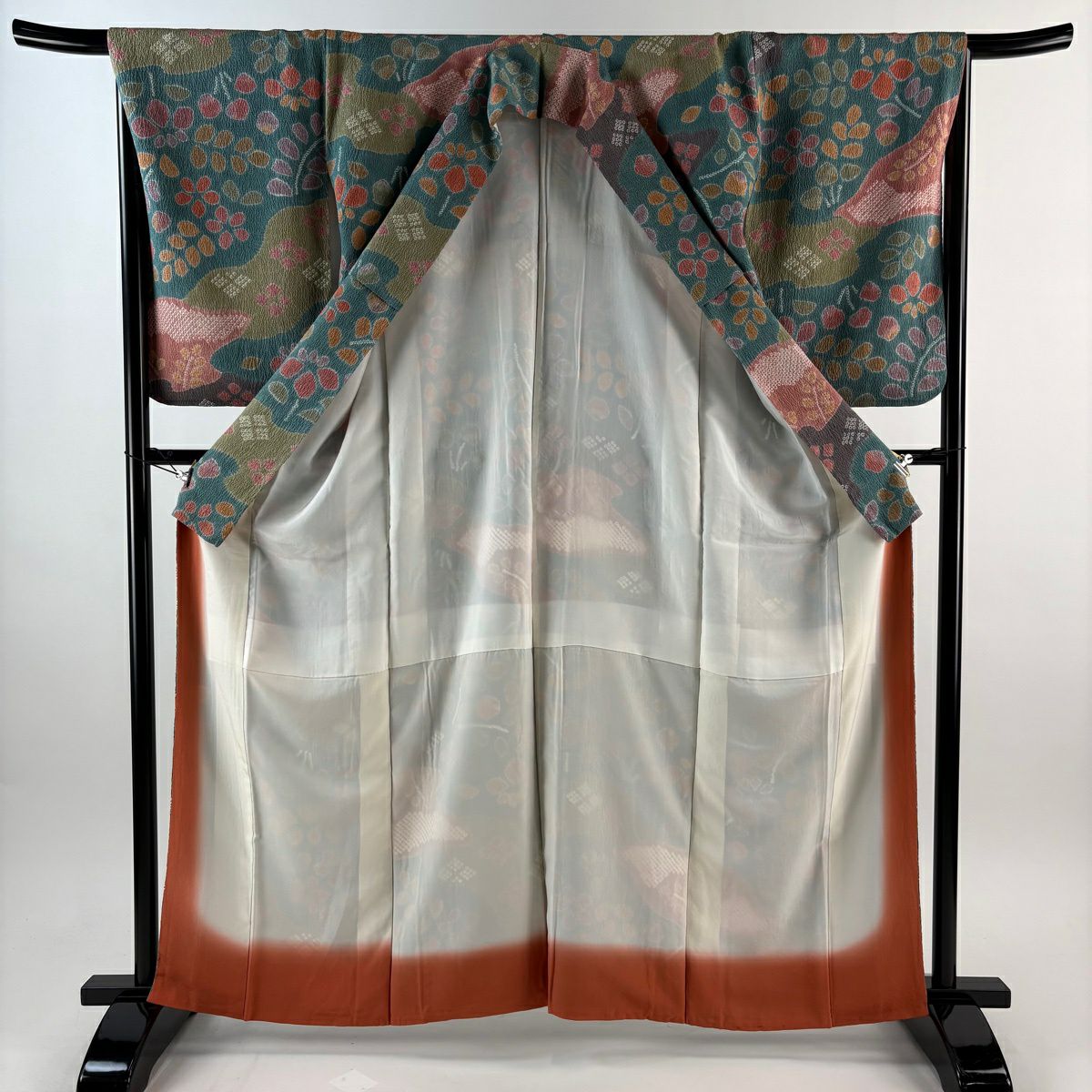 【美品】 小紋 身長162cm 袖長66.5cm M 雙層 草花紋紋 縮緬 絞染 青綠 純蠶絲 秀品級