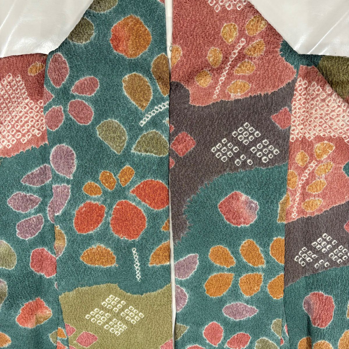 【美品】 小紋 身長162cm 袖長66.5cm M 雙層 草花紋紋 縮緬 絞染 青綠 純蠶絲 秀品級
