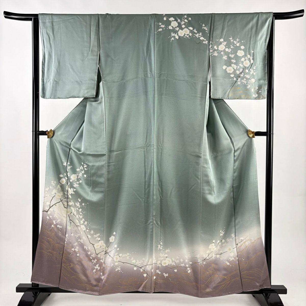 訪問服 身長158cm 袖長65cm M 雙層 枝梅花 流水 金彩裝飾 漸層 薄綠 純蠶絲 優品級