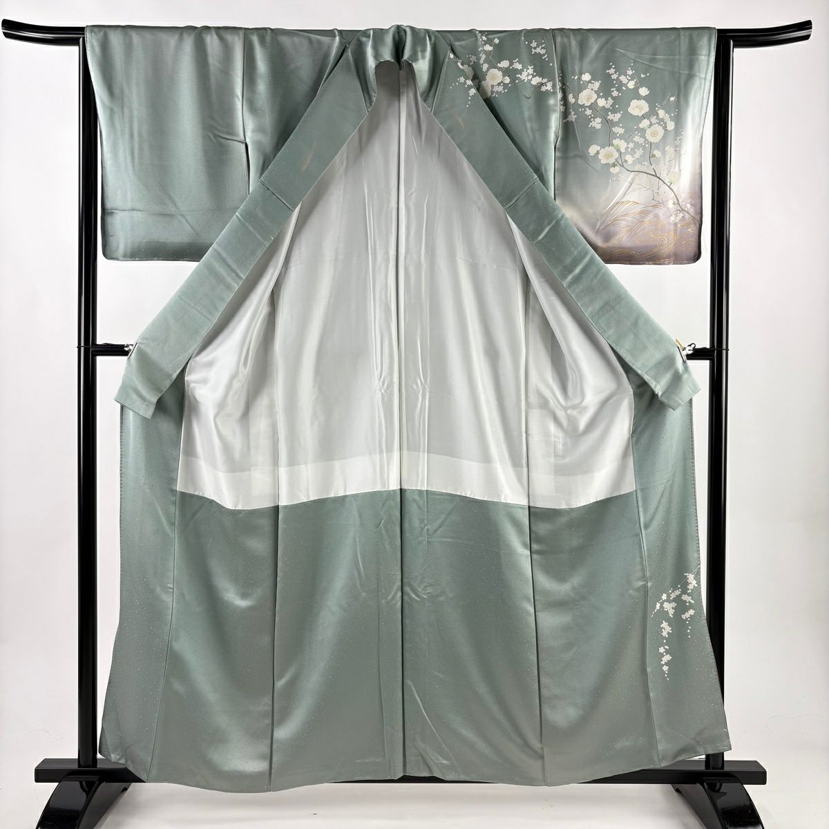 訪問服 身長158cm 袖長65cm M 雙層 枝梅花 流水 金彩裝飾 漸層 薄綠 純蠶絲 優品級