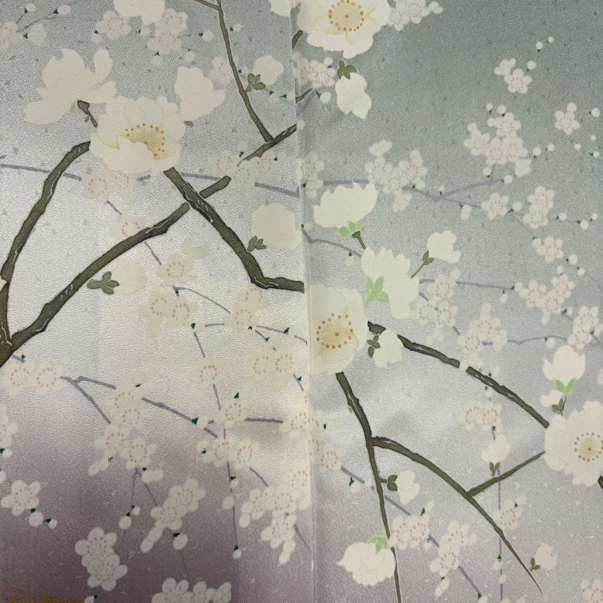 訪問服 身長158cm 袖長65cm M 雙層 枝梅花 流水 金彩裝飾 漸層 薄綠 純蠶絲 優品級