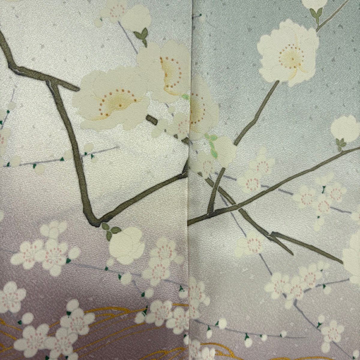 訪問服 身長158cm 袖長65cm M 雙層 枝梅花 流水 金彩裝飾 漸層 薄綠 純蠶絲 優品級