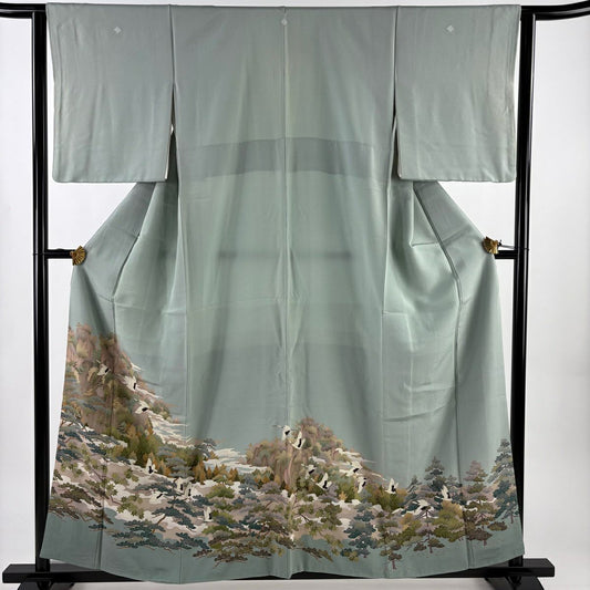 灰綠留袖禮服 身長157.5cm 袖長63cm S 雙層 仙鶴 松樹 純蠶絲 秀品級 三つ紋