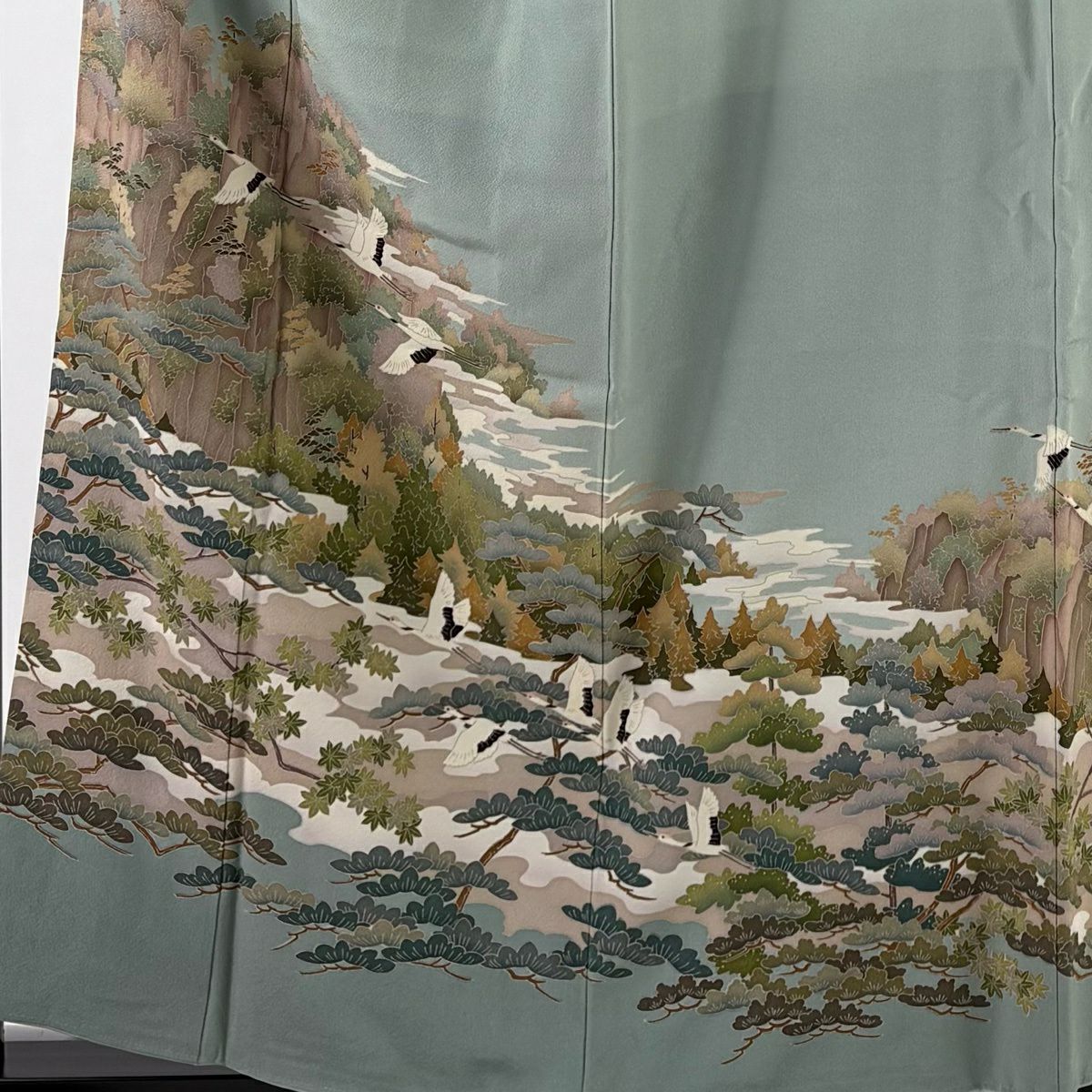 灰綠留袖禮服 身長157.5cm 袖長63cm S 雙層 仙鶴 松樹 純蠶絲 秀品級 三つ紋