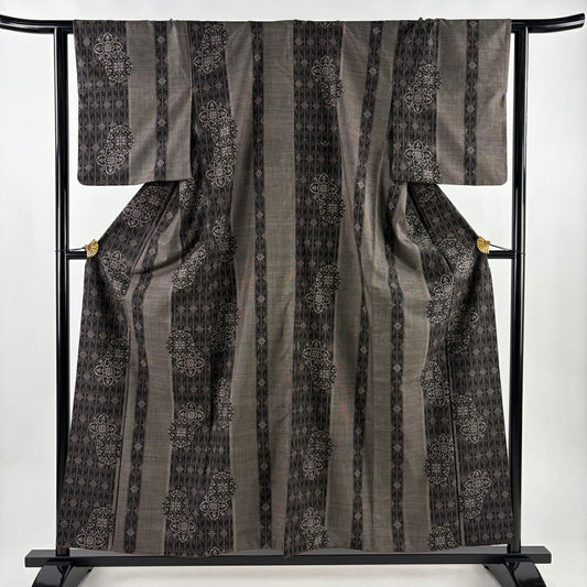 【美品】 紬織 身長157cm 袖長62.5cm S 雙層 華紋 縱條 焦茶 純蠶絲 秀品級