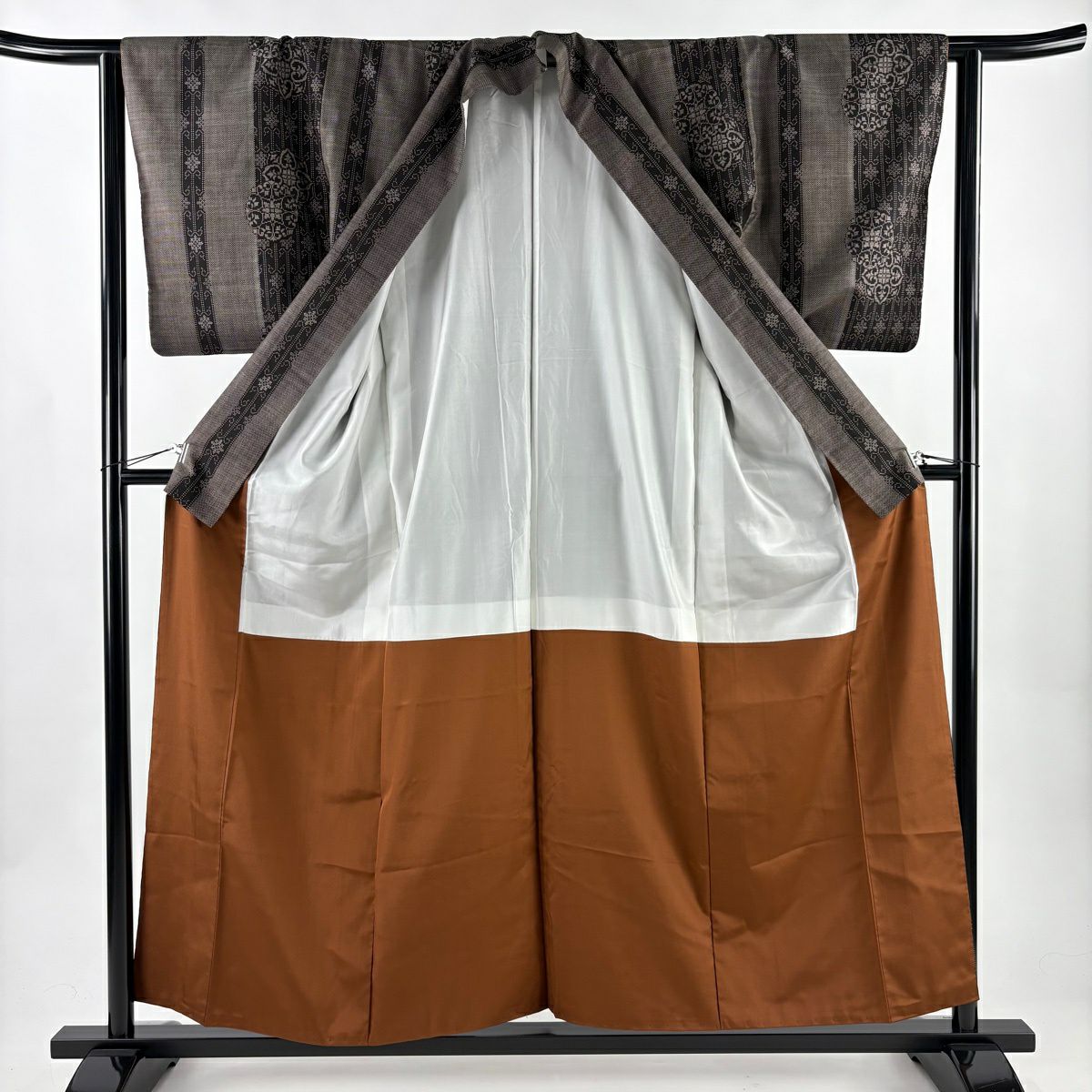 【美品】 紬織 身長157cm 袖長62.5cm S 雙層 華紋 縱條 焦茶 純蠶絲 秀品級