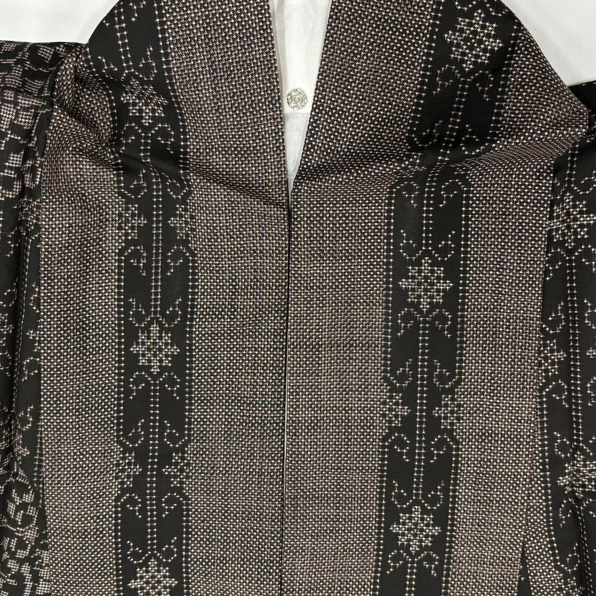 【美品】 紬織 身長157cm 袖長62.5cm S 雙層 華紋 縱條 焦茶 純蠶絲 秀品級