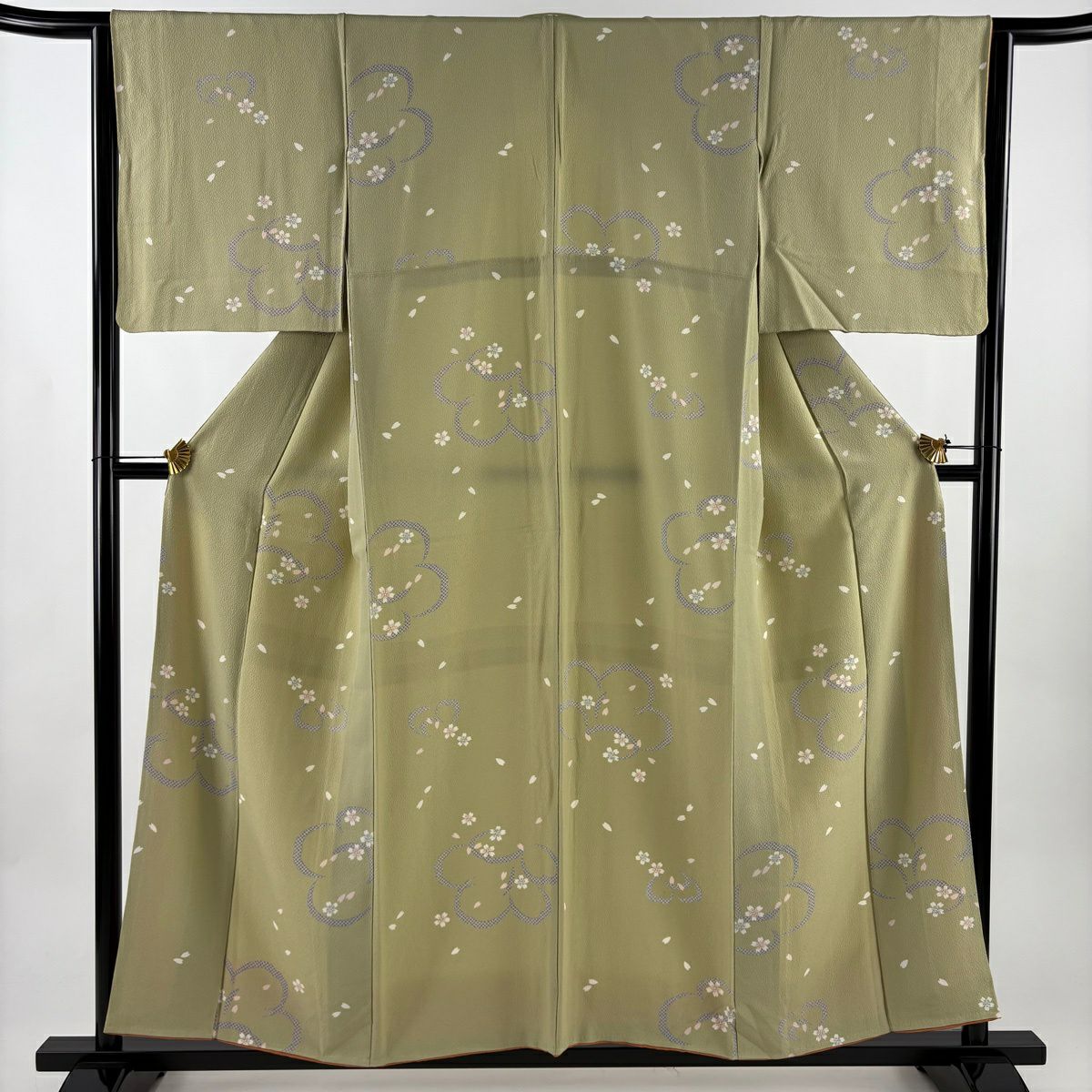 小紋 身長155cm 袖長63.5cm S 雙層 樱花花瓣 絞織 抹茶 純蠶絲 優品級