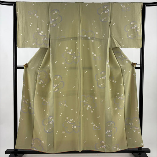 小紋 身長155cm 袖長63.5cm S 雙層 樱花花瓣 絞織 抹茶 純蠶絲 優品級